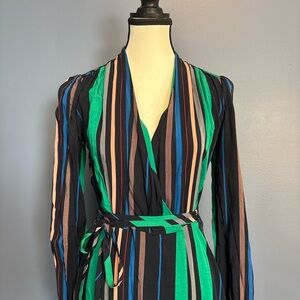 Navy Pinstriped Wrap Midi Dress w/ Belt | Deep V | Long Sleeve | XS